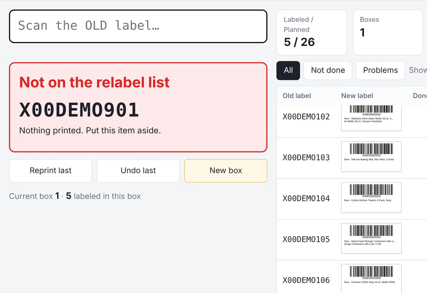 Scanning X00DEMO901, which is not on the relabel list: red screen, nothing printed (sample data)