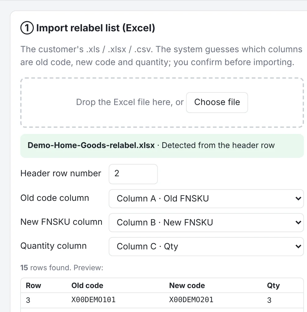 Importing an Excel relabel list: old barcode, new barcode and quantity columns detected (sample data)