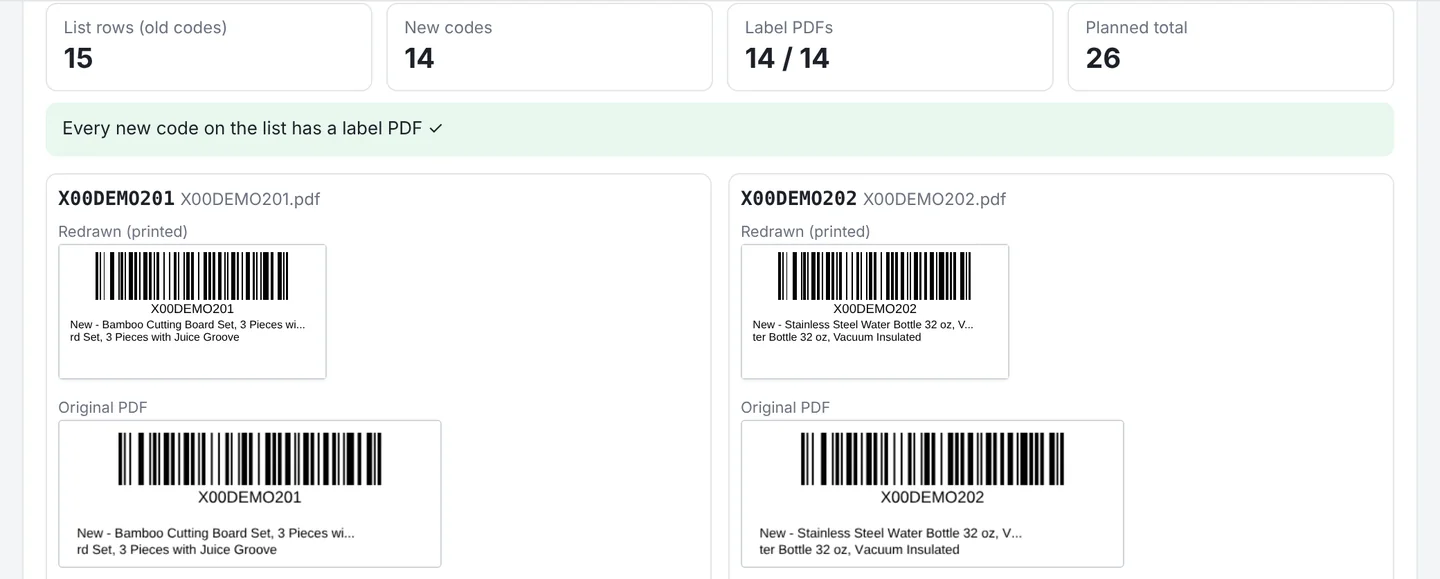 Batch overview: 15 list rows, 14 new barcodes, 14 of 14 label PDFs loaded (sample data)